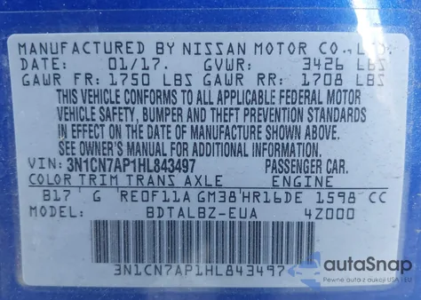 2017 Nissan Versa 1.6 Sv from USA, damaged, VIN 3N1CN7AP1HL843497